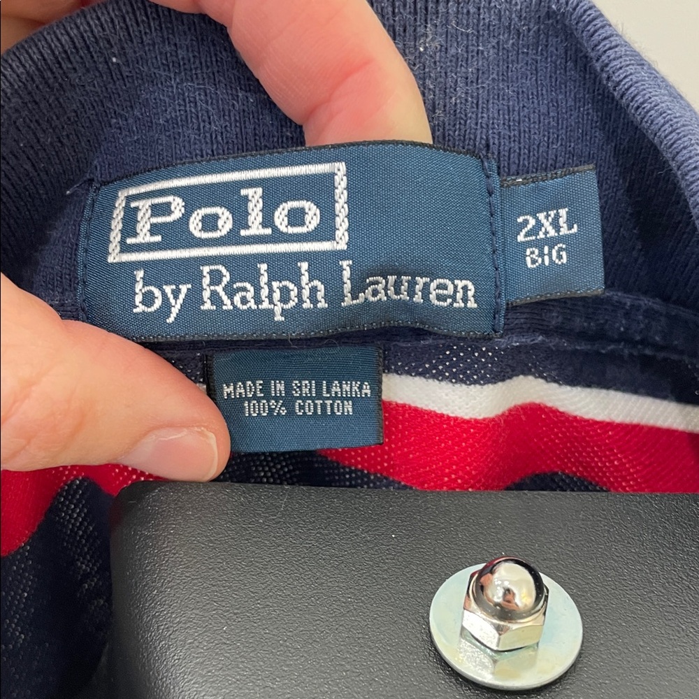 Vintage Ralph Lauren Mesh Navy Polo with Red and White Stripes XXL BIG - Picture 2 of 3